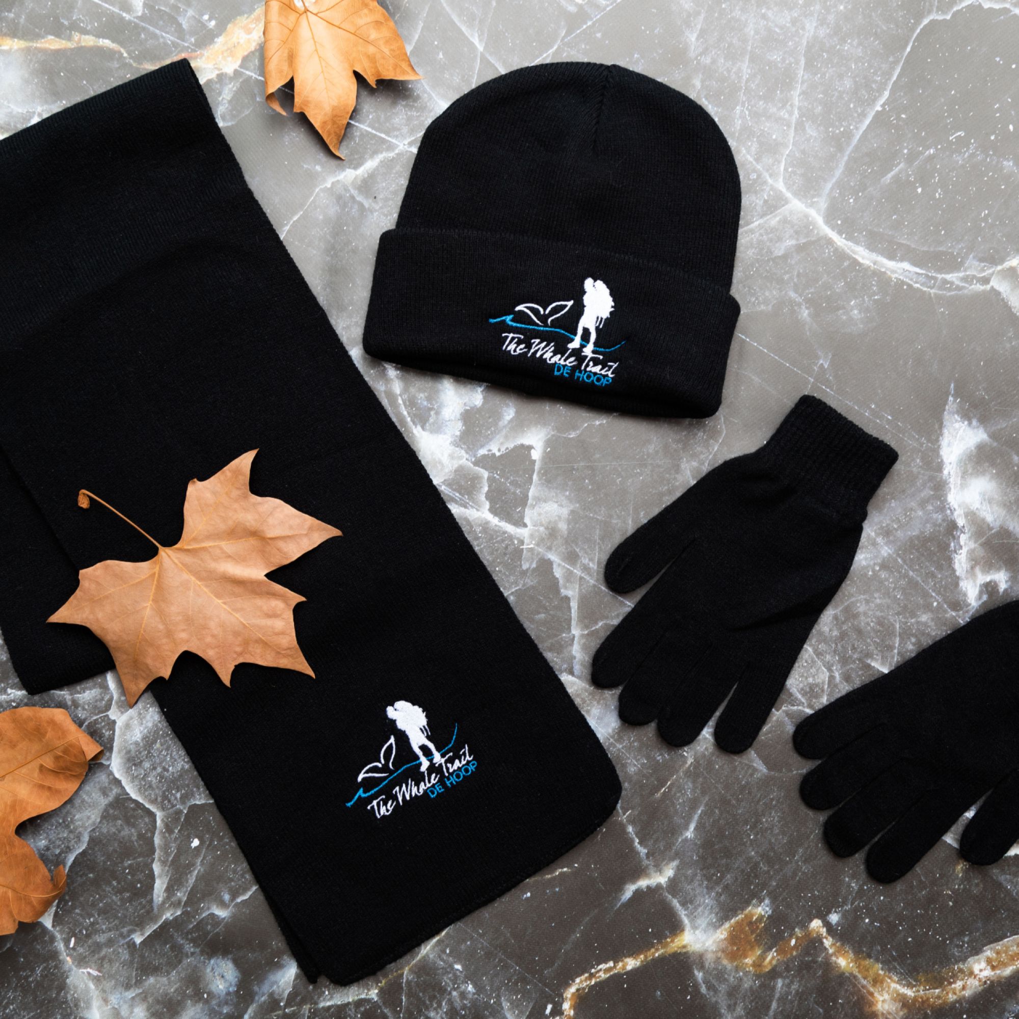 Scarf Beenie and Gloves V2 Whale Trail Logo Black