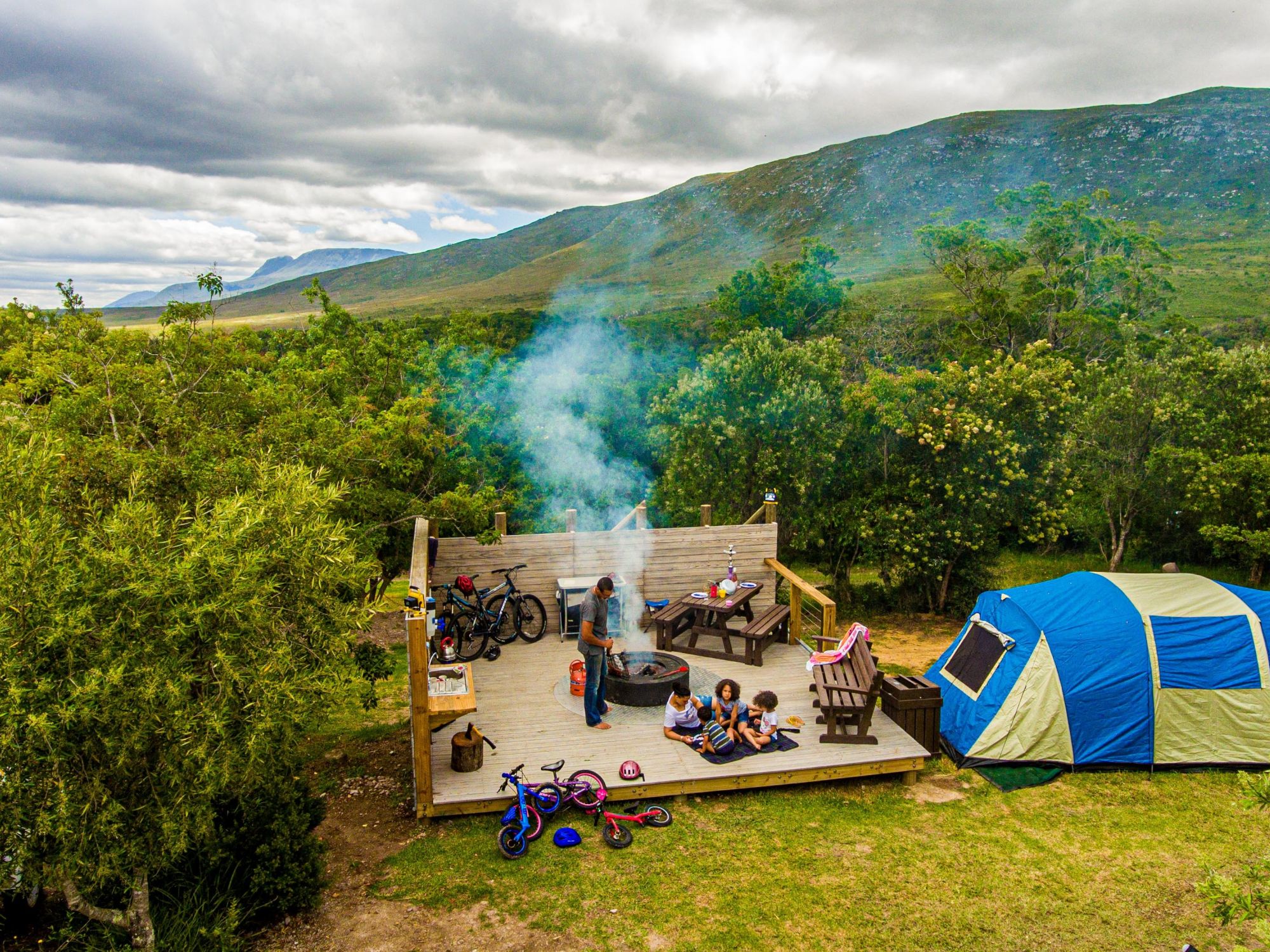 GVB camping braai kids bikes tent family aerial GVB camping braai kids bikes tent family aerial